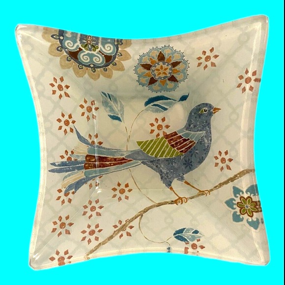 6 Reverse Painted Glass Snack Bowls Abstract Birds Mosaic Design 5" MCM - Picture 2 of 15